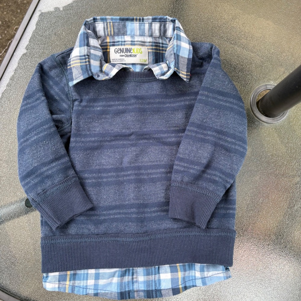 Genuine Kids OshKosh Boys 12M Navy Striped Layered Look Plaid Collared Sweater
